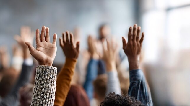 Diverse audience raising hands asking questions at seminar