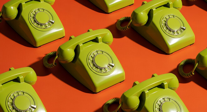 Vintage green rotary phones arranged in a pattern on a vibrant orange background