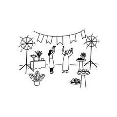 Fototapeta premium People decorating for a festival, studio setup with lights and treats, vector art.
