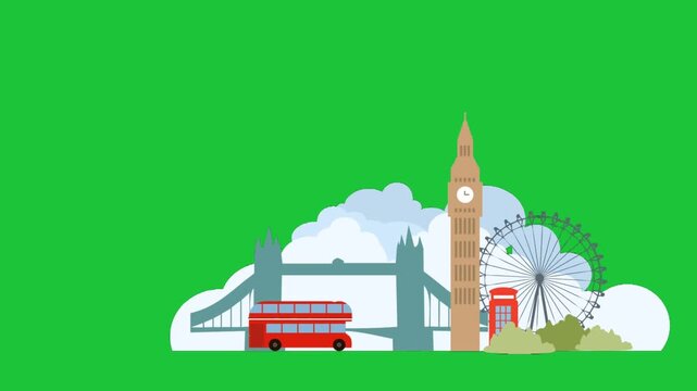 london skyline with big ben tower bridge and ferris wheel animation on green background travel city scene