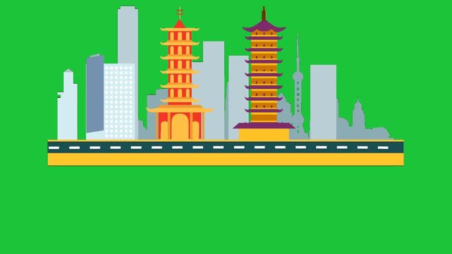 asian city skyline with pagoda temples and modern buildings animation on green background travel urban scene