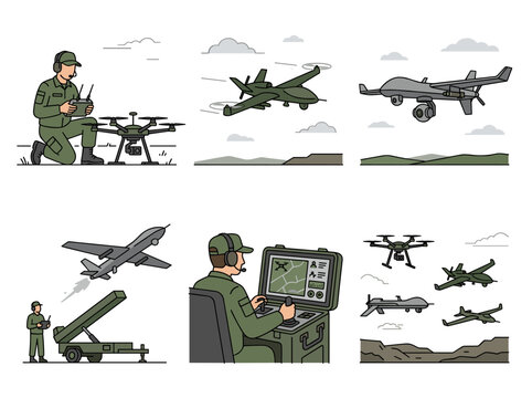 Unmanned aerial vehicle collection: military personnel controlling drones and surveillance technology in flat style