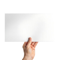 Fototapeta premium Person holding a blank white rectangular paper sheet mockup with document template business presentation stationery isolated advertising