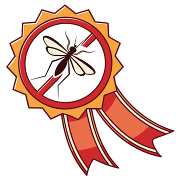 Mosquito prohibition emblem award with red ribbons isolated on white background, stop insect vector illustration, design element.
