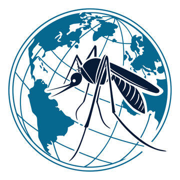 Global map projection with mosquito insect graphic symbolizing disease transmission across world vector art.