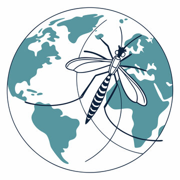 Stylized world map with continents and mosquito insect flying over planet earth vector illustration.