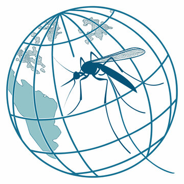 World map globe with connected lines and mosquito pest illustration symbolizing global disease spread vector graphic.