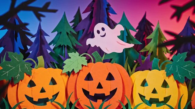 Spooky Papercraft Halloween Scene Featuring Smiling Pumpkins, Ghost, and Forest Backdrop Animation