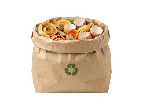 Paper bag with organic food waste isolated. Recycling compost concept.