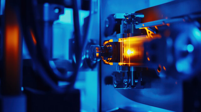 Semiconductor lithography machine operating in high-tech factory. Precision equipment used in microchip and electronics manufacturing.