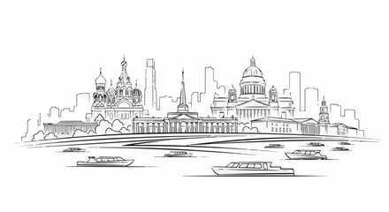 Fototapeta premium Sketch of famous architectural landmarks and boats on a river