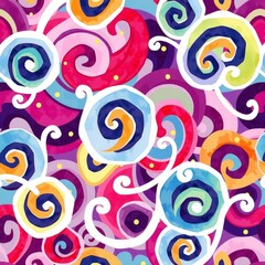 Fototapeta premium Abstract colorful seamless pattern background featuring geometric round circles and swirl floral ornaments in a pink retro design illustration for textile wallpaper decor