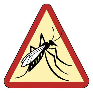 Yellow warning triangle sign with mosquito illustration cautioning about dangerous insects and potential health risks due to pest presence.