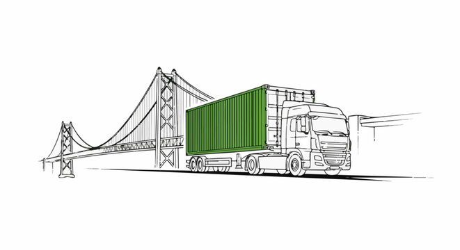 Sketch of a truck carrying a green cargo container crossing a suspension bridge
