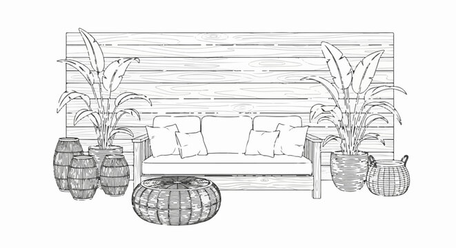 Sketch of outdoor seating area with plants and rustic decor