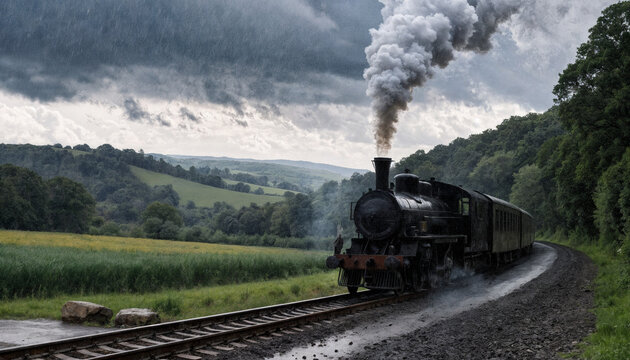A steam locomotive in the rain; a summer landscape