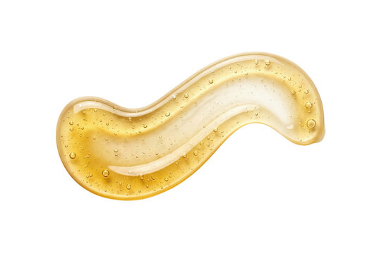 Wavy yellow gel smear with bubbles top view isolated. Cosmetic swatch element.