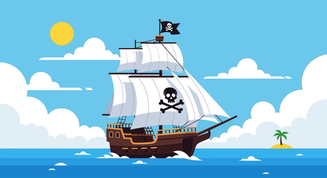 Pirate Ship Sailing on Ocean Water.