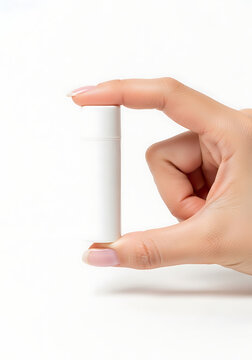 Woman hand holding blank white lip balm tube mockup for cosmetic branding with personal care cosmetic container isolated skincare template branding moisturizer chapstick cylindrical
