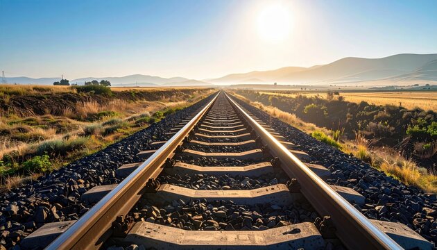 Sunlit Train Tracks Stretching Towards the Horizon in a Vast Landscape