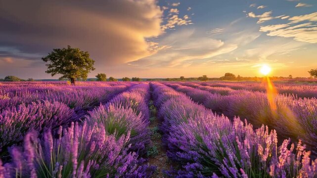 Vast lavender field at sunset with blooming purple flowers and dramatic colorful countryside sky