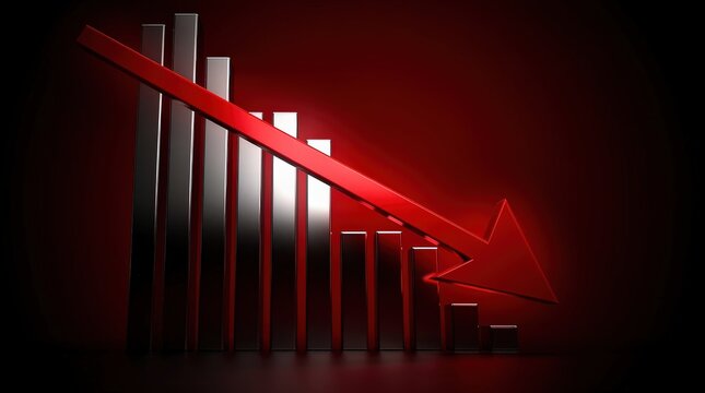 A 3D bar graph with metallic bars and a red downward arrow symbolizes decline or decrease on a dark red background.