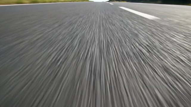 Close-up view of asphalt road with white lane markings, showing motion blur and texture details