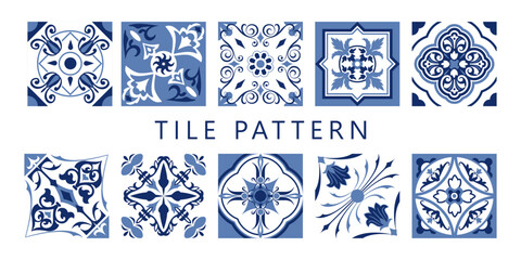 Collection of Blue Portuguese Azulejo Tile Patterns, Mediterranean Decorative Geometric Ornaments for Interior Design, vector illustration © andrei