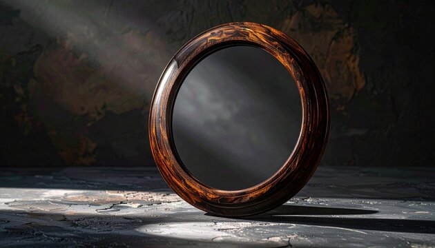 A Polished Obsidian Mirror with a Circular Wooden Frame Reflecting Soft Light