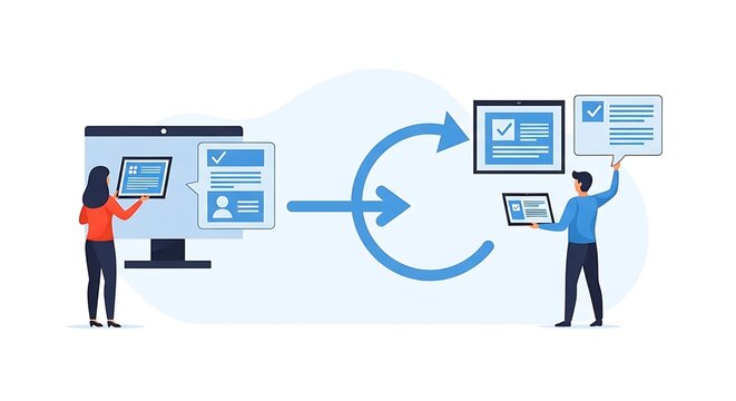 data synchronization workflow process collaboration document sharing update system digital communication illustration.