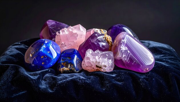 A vibrant collection of polished and rough gemstones and crystals, including amethyst and rose quartz, on a dark textured surface.