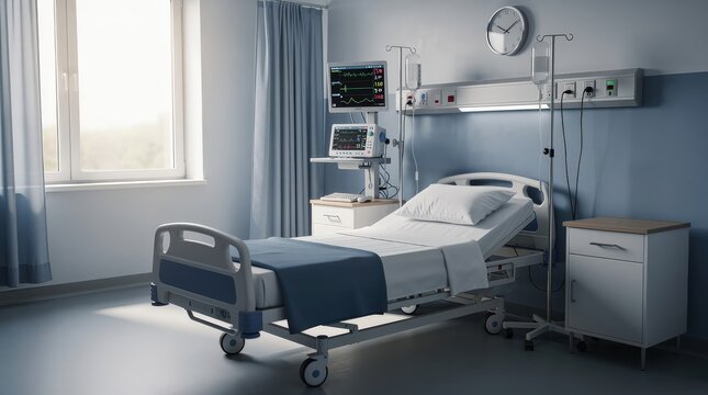 A clean, empty hospital room with a bed, medical monitors, IV stand, and natural light coming through a window.