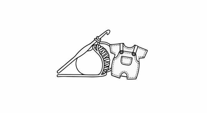 A crochet hook is used to create a knitted baby romper on a white background