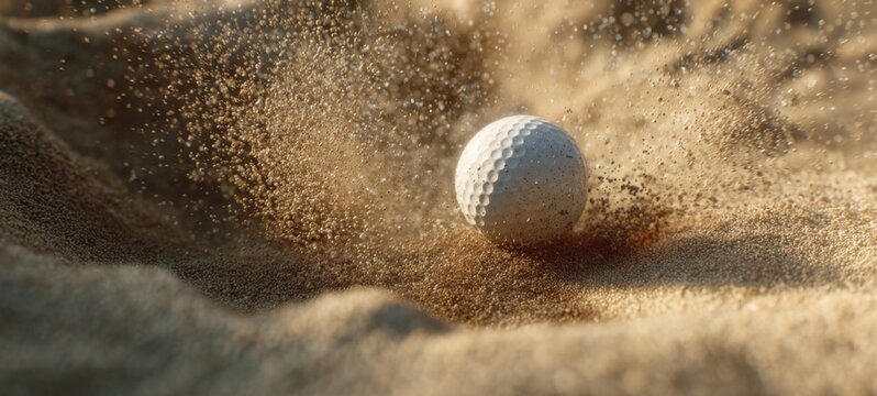 The golf ball kicking up sand in dramatic sunlit closeup on bunker surface