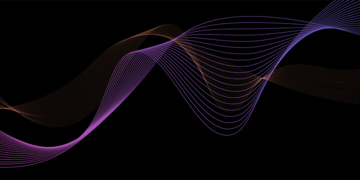 Smooth neon sound wave on black background. Abstract flowing wavy lines design for ai concept, eq equalizer, audio record, voice assistant. Blue pink orange gradient curve stripe wallpaper. Vector