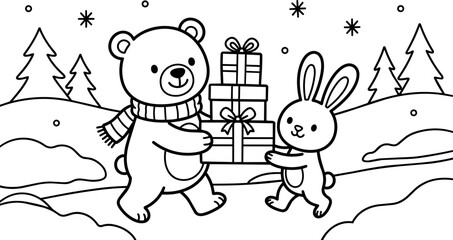 Naklejka premium Black and white bear and rabbit carrying stacked presents in snowy winter forest line art