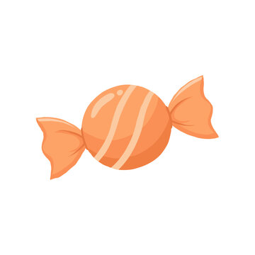 Cute orange candy illustration with sweet wrapped confection and shiny striped caramel design.