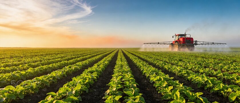 Tractor spraying fertilizer on a green farm field at sunset