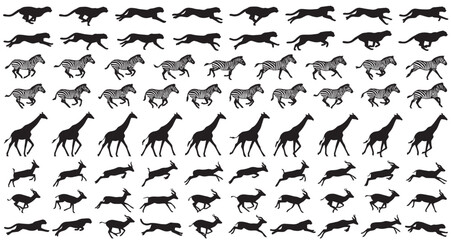 Safari Running and Action Silhouettes Set Pack. Editable Vector Stroke Illustration. featuring cheetah, zebra, giraffe, antelope, gazelle, animal, wildlife, wild, fauna, mammal more silhouettes. © MasterTech