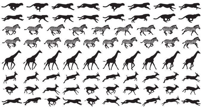 Safari Running and Action Silhouettes Set Pack. Editable Vector Stroke Illustration. featuring cheetah, zebra, giraffe, antelope, gazelle, animal, wildlife, wild, fauna, mammal more silhouettes.