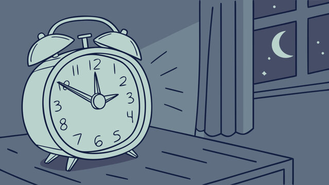 A minimalist vector illustration of an alarm clock ringing on a bedside table at night