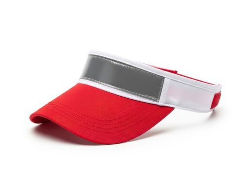 A red visor cap with a clear plastic strap and gray reflective strip on a white background.