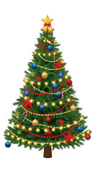Naklejka premium A tall lush green pine tree decorated with glowing yellow string lights colorful round ornaments shiny red stars candy canes and a large golden star with bells on the top