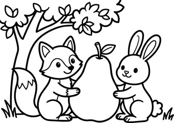 Obraz premium Black and white line art fox and rabbit holding large pear under tree