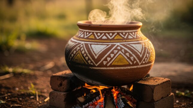 Traditional clay pot with geometric patterns steaming over an open fire made of bricks and wood outdoors at sunset.