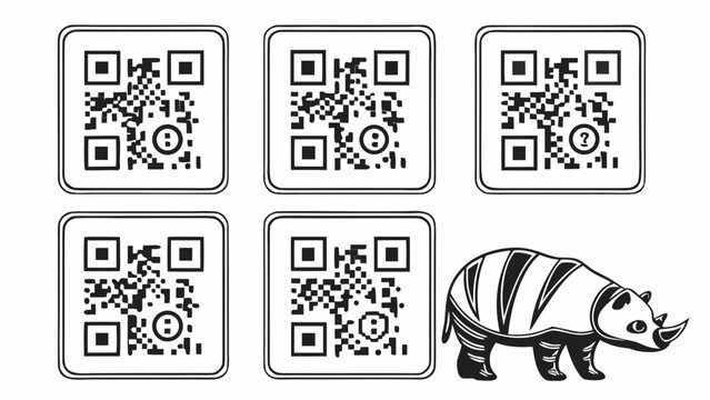 A black and white vector graphic illustration of a rhino standing next to five QR code icons