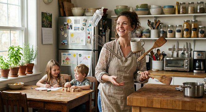 Modern mother multitasking in kitchen, juggling household items and childcare, lifestyle concept. 