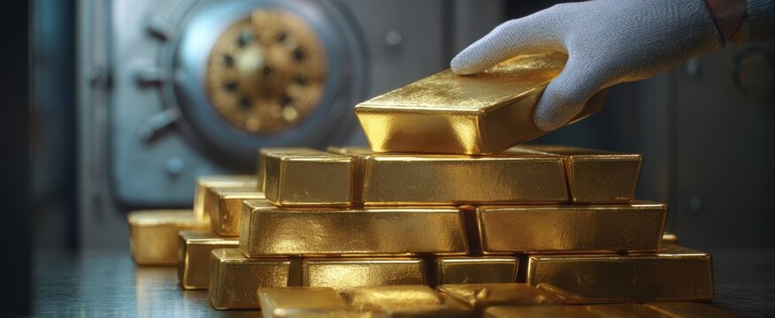 The Gold Bars Stacked in a Vault with a Gloved Hand Handling Bullion