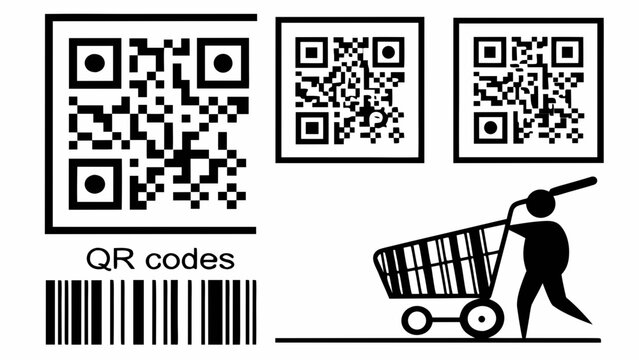 A vector graphic illustration of QR codes and a shopping cart with a person pushing it