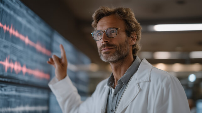 Technician in a lab coat reviewing audio spectrograms on a wall of monitors, red flags appearing over synthetic voice segments, highlighting AI voice cloning ethics concerns, ideal for forensic audi